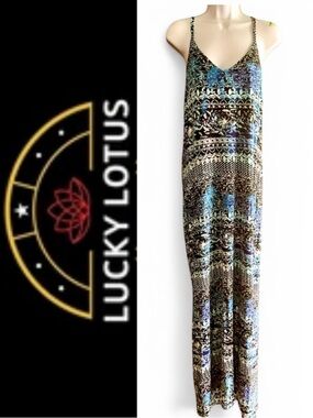 Lucky Lotus Blue Patterned Keyhole Racer Back Tank Jersey Knit Maxi Dress- L